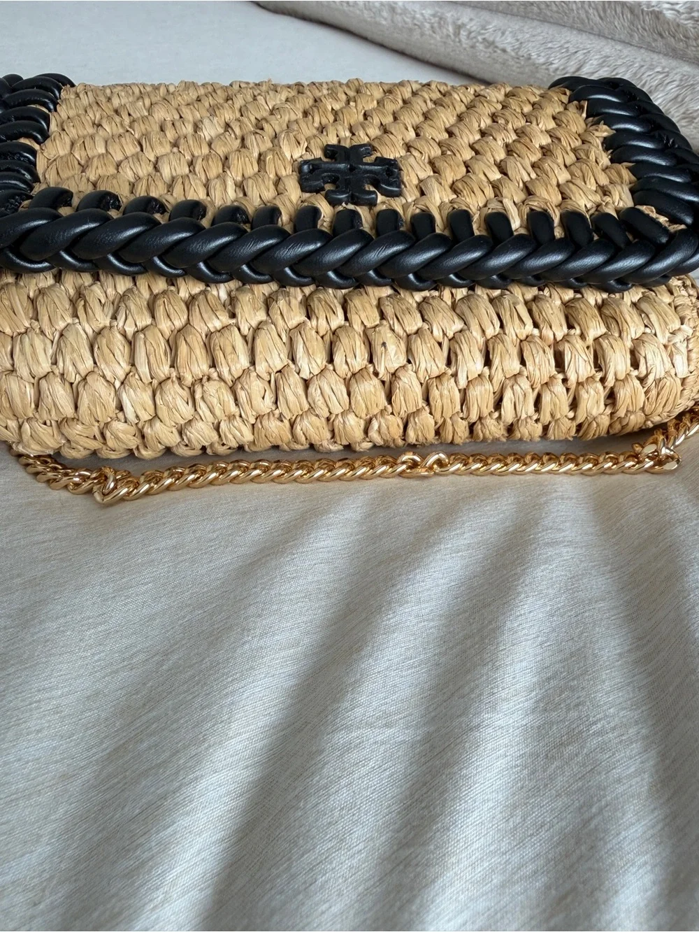 Tory Burch Tan Woven Crossbody with Black Trim and Gold Chain